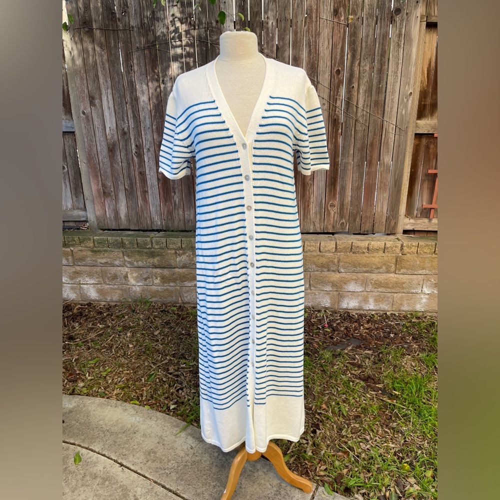 Zara Cream an blue striped Sweater long cardigan maxi dress nautical coastal L